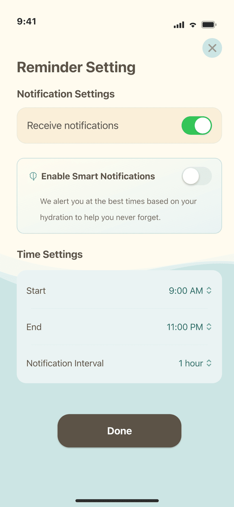 A water reminder notification screen